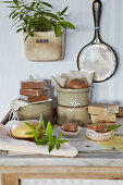 Still life made of honey soap, clay pots, and verbena branches