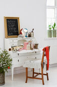 Antique white secretary desk on DIY chalk board with a gold frame