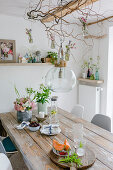 Spherical glass lamp and contorted hazel branches above dining table