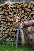 Colourful spring flowers and flower bulbs in glass vase in front of stacked firewood