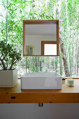Washstand and square mirror in front of large window with view of green plants outside
