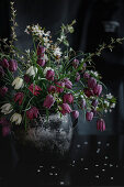 Bouquet of snake's head fritillary and flowering blackthorn