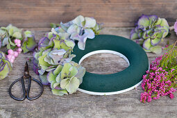 materials for the autumn wreath: moist ring, hydrangea blossoms, bell heath, snowberries, and scissors