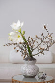 Amaryllis and branches of star magnolia in vase