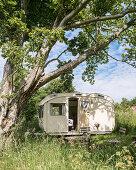 Alter Campingwagen unterm Baum in sommerlicher Wiese