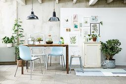 Wooden table, chairs, houseplants and botanical illustrations on wall