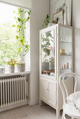 Display cabinet in corner of bright kitchen with houseplants on windowsill