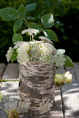 Strauß aus Rosenblüten und wilder Möhre in Vase aus Birkenstamm