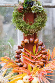 Autumn wreaths made of moss and chestnuts with colorful autumn leaves, hydrangea blossom, boxwood, and privet berries