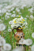 Bouquet of Star-of-Bethlehem, buttercups and spirea in rustic ceramic jug