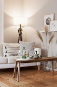 Scatter cushions on white couch, dried pampas grass in vase and snacks on coffee table