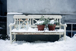 Lanterns and evergreen plants on white wooden bench in snow