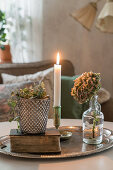 Antique book, potted plant, candle, and glass bottle with hydrangea on a silver tray