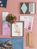 Decorative objects and color scheme on a pink background