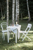 White table with dishes and candle and two chairs in front of birch trees in spring garden