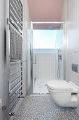 Stainless steel heated towel rack, bidet and shower area in bathroom