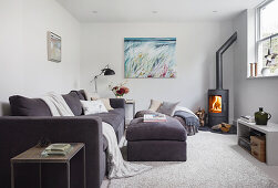 Grey sofa set and fire in wood-burning stove in living room with modern art on walls