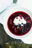 Red fruit jelly with vanilla cream