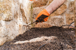 Crop unrecognizable male gardener in latex glove loosening fertile soil with hand fork near stone wall while working in garden