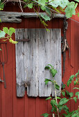 Outbuilding decorated with old wooden door and driftwood