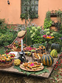 Table set with appetizers for a pumpkin party in the garden