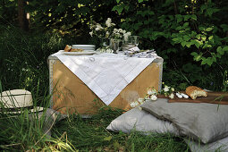 Picnic in garden with wooden box used as table and floor cushions