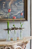 Tulpen in Gläsern mit Wasserperlen und Birkenholzdecke
