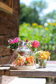 Rose blossoms under a glass bell, in jars and in a terracotta pot