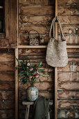 Reclaimed wooden wall with decorative objects