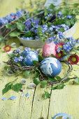 Colorful Easter egg with nest of birch twigs, with forget-me-nots and bellis