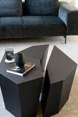 Designer coffee table in front of sofa
