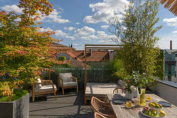 Long wooden table with fruit and refreshments, rattan chairs and daybed on the roof terrace
