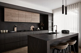 Moderne, dunkel getönte Küche mit Marmor-Kücheninsel