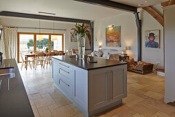 Center island in kitchen area in a converted barn