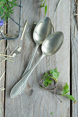 Silver spoon with mini wreath of birch twig, close-up