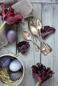 Arrangement with silverware, tulips and Easter eggs, coloured with red cabbage and beetroot