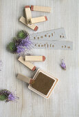 Stamps with ink pad, name tags and bee's friend (Phacelia)