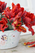 Bouquet of red parrot tulips (Tulipa) in enamel pot