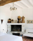 Country house bedroom with fireplace