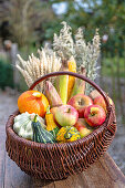 Basket with fruit, pumpkins and grain (Thanksgiving)