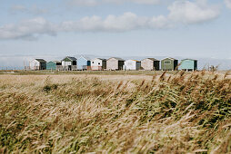 Strandhütten am Strand von Seasalter vor Grasflächen