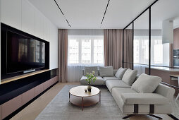 Modern gestaltetes Wohnzimmer mit Ecksofa und Flachbildfernseher in Warschauer Apartment