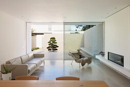 Modernes Wohnzimmer mit Blick auf minimalistisch gestalteten Innenhof