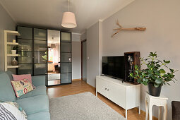 Bright living room with wardrobe and grey accent wall