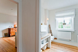 View into the bedroom and bathroom, House furnished in country style, Hamburg, Germany