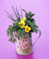 Herbs and primulas in a jug