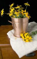 Yellow flowers (Black-eyed Susan) in & beside metal bucket