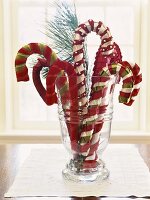 Fabric candy canes used as Christmas decoration