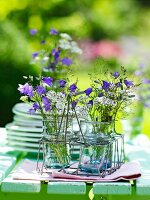 Summer flowers in drinking-glass vases in glass holder