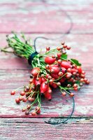A bouquet of hawthorn berries on weathered wood
